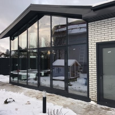 Остекление фасада теплый алюминий трапеции РАЛ 7024